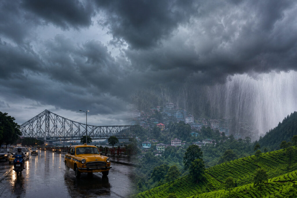 West Bengal Weather Update showing dark monsoon clouds over Kolkata skyline with rain falling across North Bengal and weather alert conditions.