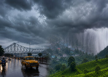 West Bengal Weather Update showing dark monsoon clouds over Kolkata skyline with rain falling across North Bengal and weather alert conditions.