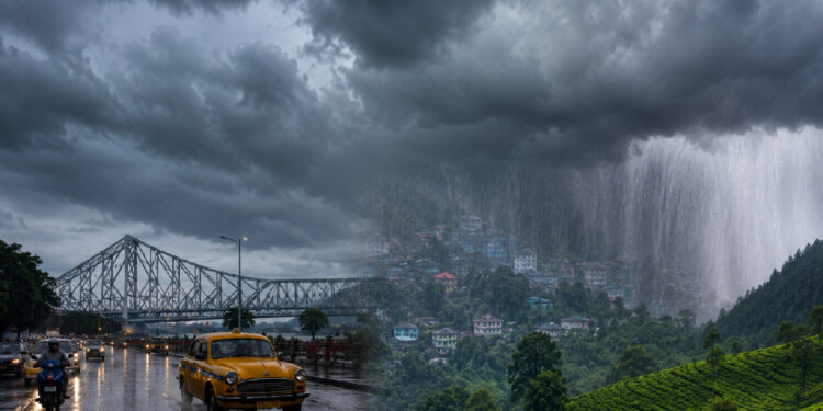 West Bengal Weather Update showing dark monsoon clouds over Kolkata skyline with rain falling across North Bengal and weather alert conditions.
