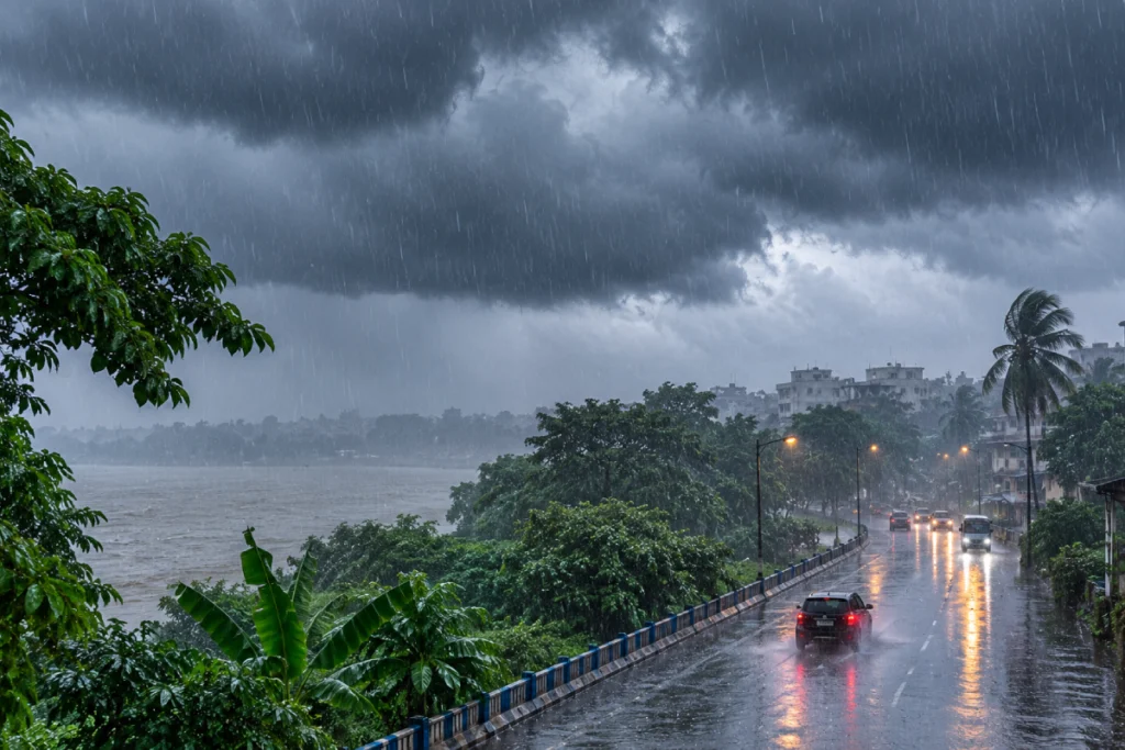 West Bengal Heavy Rain Alert – Dark monsoon clouds with heavy rainfall over North and South Bengal as the India Meteorological Department issues rain warnings for multiple districts.