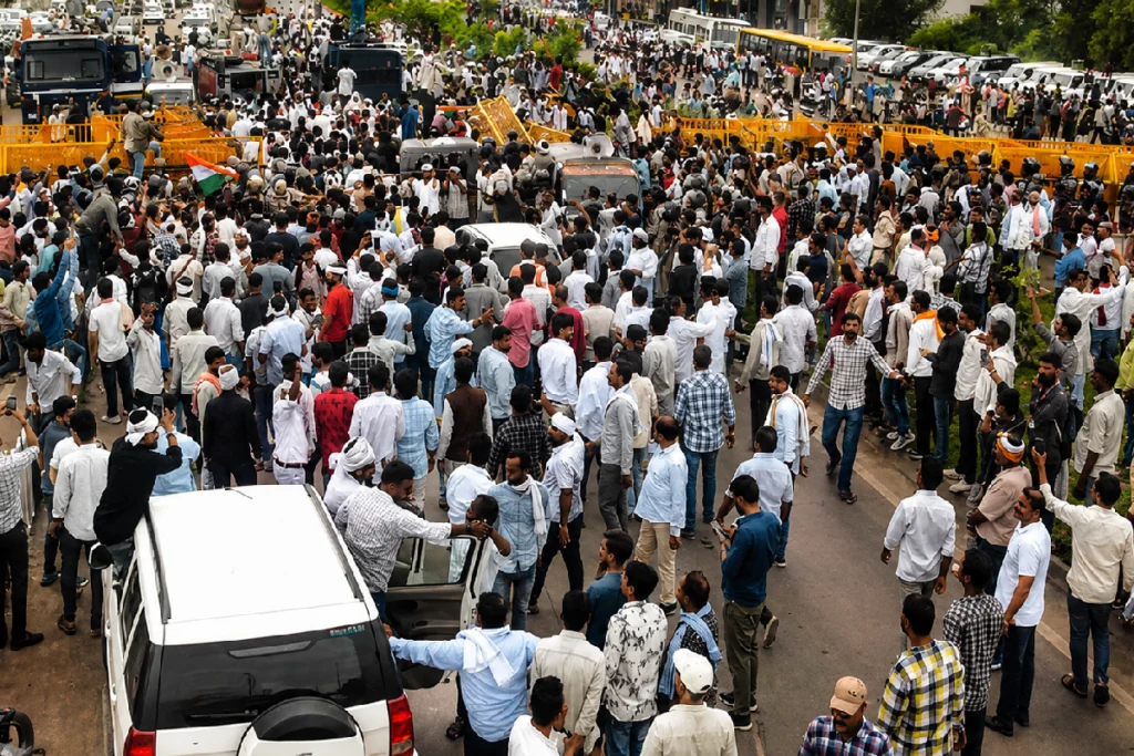 Bhopal Farmers Protest: Thousands of farmers march toward Bhopal demanding 100 percent moong procurement at MSP, abolition of the e-token system, and fair fertilizer distribution while police block their route.