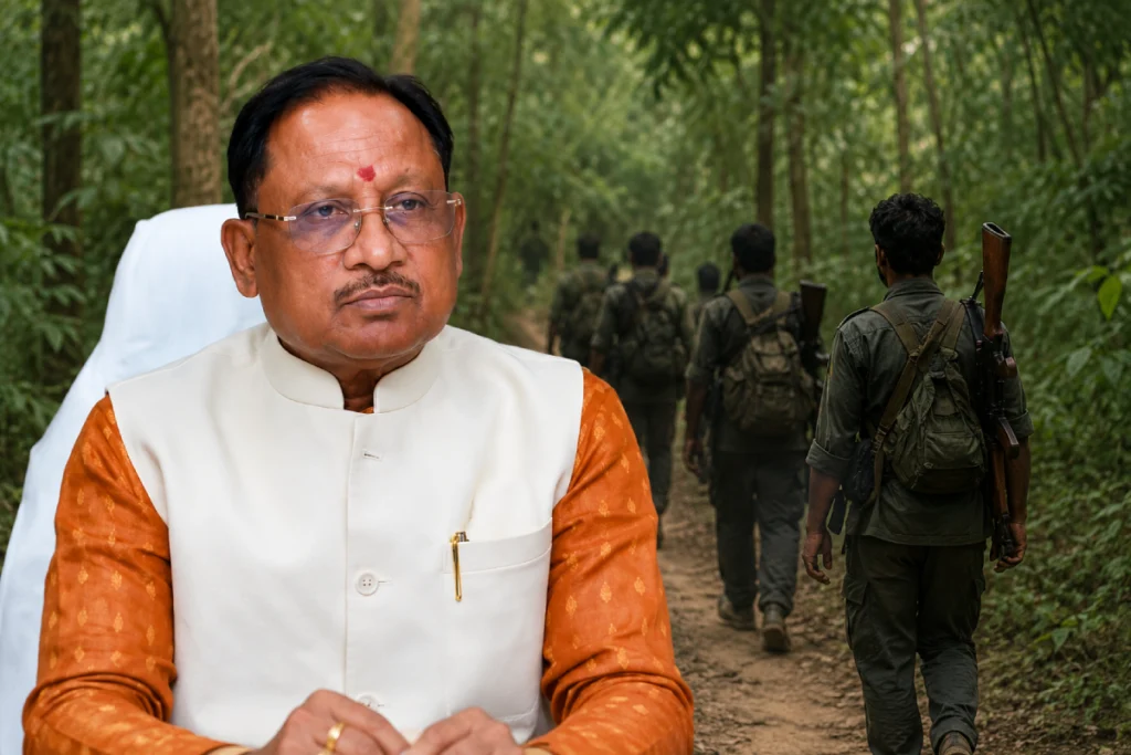 Chhattisgarh Maoist Policy announcement highlighting the review of non-fatal Maoist cases and the state government's ₹1 crore development incentive for Naxal-free villages.initiative.