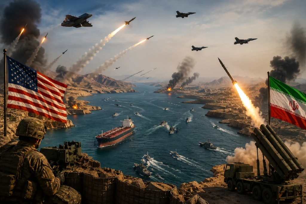 Strait of Hormuz Crisis showing Iranian missile launches and military operations following the US Central Command strikes after the closure of the Strait of Hormuz.