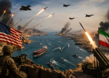 Strait of Hormuz Crisis showing Iranian missile launches and military operations following the US Central Command strikes after the closure of the Strait of Hormuz.