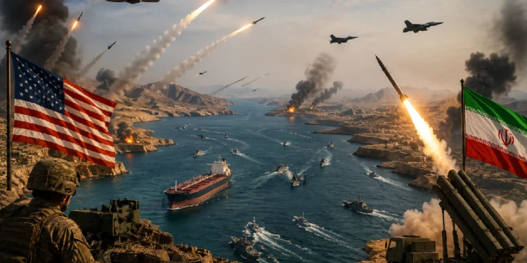 Strait of Hormuz Crisis showing Iranian missile launches and military operations following the US Central Command strikes after the closure of the Strait of Hormuz.