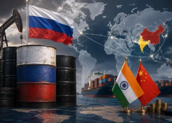 Russia Oil Sanctions: Symbolic image showing oil barrels with Russian flag, global trade routes, and India-China highlighted as the US proposes new tariffs on countries importing Russian oil.