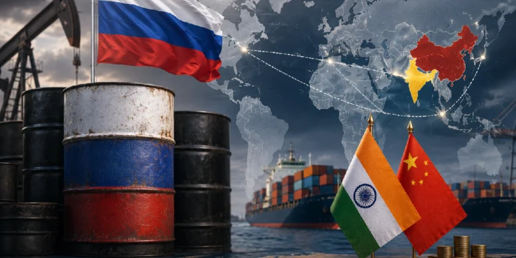 Russia Oil Sanctions: Symbolic image showing oil barrels with Russian flag, global trade routes, and India-China highlighted as the US proposes new tariffs on countries importing Russian oil.