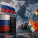 Russia Oil Sanctions: Symbolic image showing oil barrels with Russian flag, global trade routes, and India-China highlighted as the US proposes new tariffs on countries importing Russian oil.