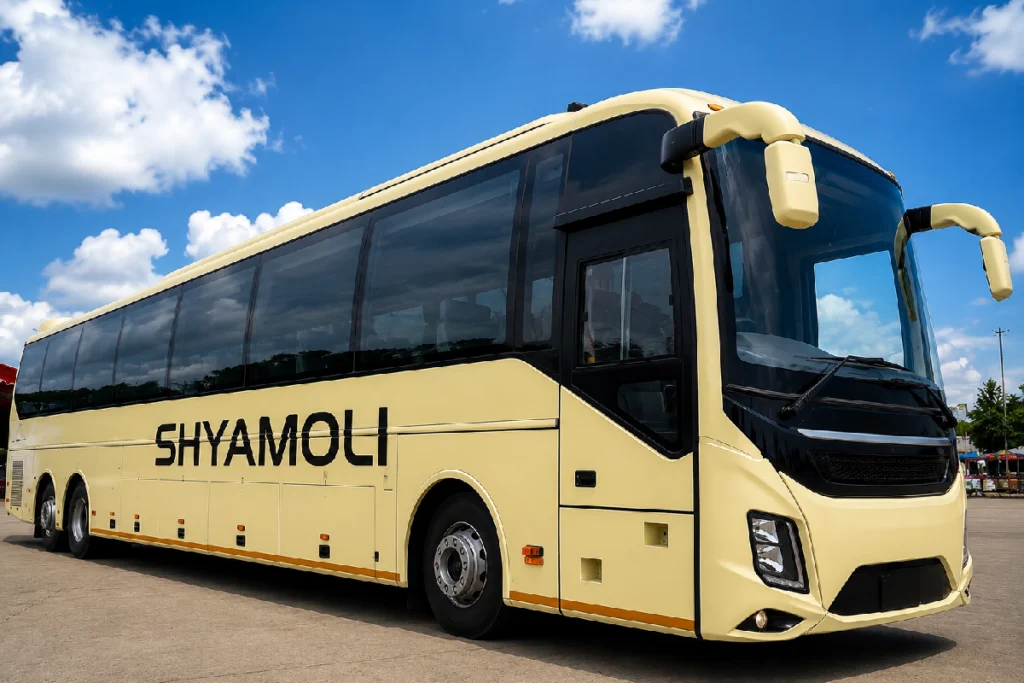 Kolkata to Delhi Luxury Bus by Shyamoli featuring a premium sleeper coach with bio-toilet, Wi-Fi, GPS tracking, and modern passenger amenities for direct travel between Kolkata and New Delhi.