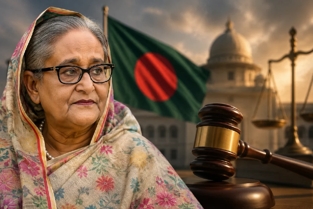 Awami League Political Comeback illustration showing Sheikh Hasina amid discussions over a possible return to Bangladesh and its potential impact on the country's political landscape.