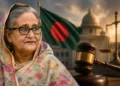 Awami League Political Comeback illustration showing Sheikh Hasina amid discussions over a possible return to Bangladesh and its potential impact on the country's political landscape.