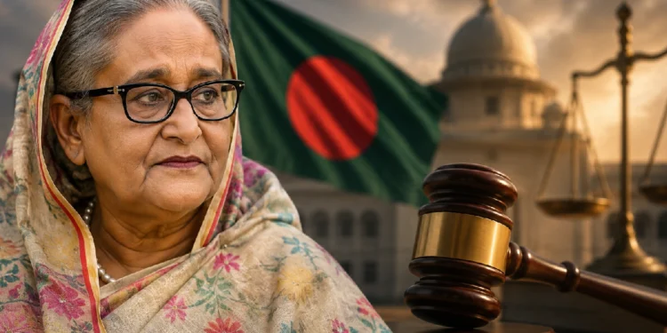 Awami League Political Comeback illustration showing Sheikh Hasina amid discussions over a possible return to Bangladesh and its potential impact on the country's political landscape.