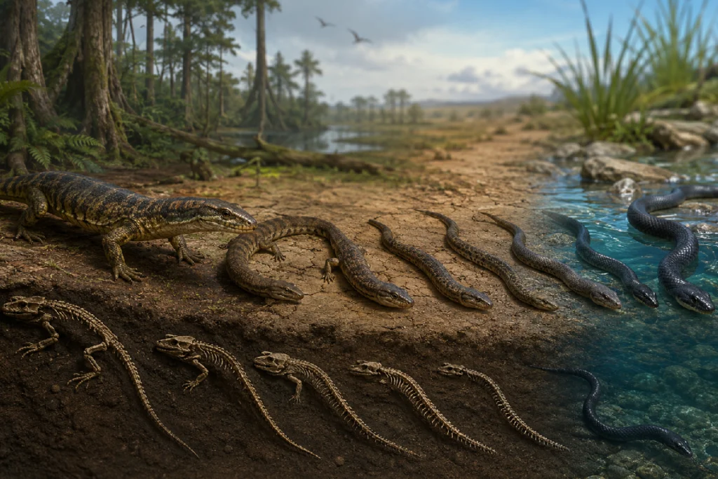 Snakes Evolution: Ancient snake fossils and genetic evidence reveal that snakes once had legs and gradually lost them through evolution.