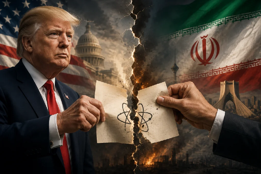Donald Trump discussing the Trump Iran Nuclear Deal and its impact on rising tensions in the Middle East and global security.