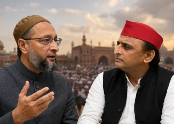 A political visual representing the Uttar Pradesh 2027 Election, highlighting the proposed alliance message from Asaduddin Owaisi to Akhilesh Yadav and the BJP's reaction.