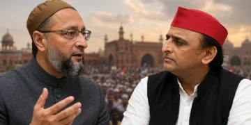 A political visual representing the Uttar Pradesh 2027 Election, highlighting the proposed alliance message from Asaduddin Owaisi to Akhilesh Yadav and the BJP's reaction.