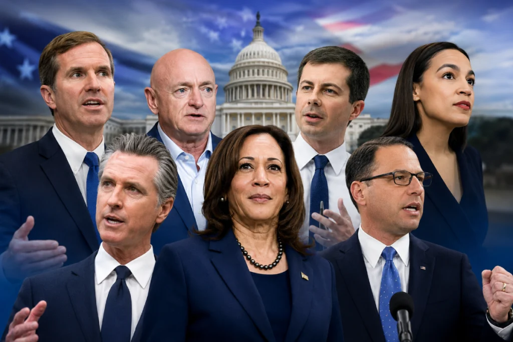 2028 US Presidential Election potential Democratic candidates preparing for the White House race through campaign events, political meetings, and public appearances across the United States.