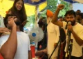 Dharmendra Pradhan Resignation Protest – Abhijeet Dipke celebrates with supporters after receiving news of Dharmendra Pradhan's resignation during the student protest at Jantar Mantar.