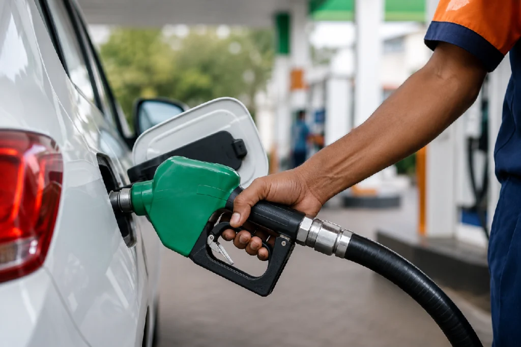 E20 Ethanol Blended Petrol being dispensed at a fuel station in India as motorists refuel their vehicles under the government's ethanol blending initiative.