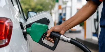 E20 Ethanol Blended Petrol being dispensed at a fuel station in India as motorists refuel their vehicles under the government's ethanol blending initiative.