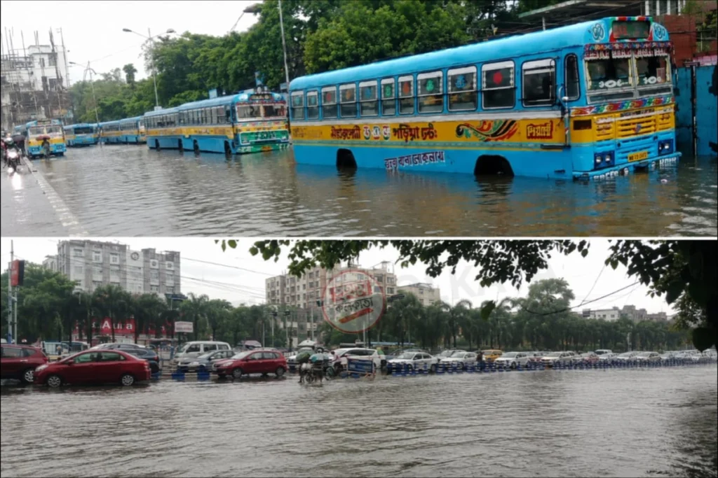Haldiram More Waterlogging after heavy rainfall showing knee-deep water on the EM Bypass, causing severe traffic congestion and difficulties for commuters and vehicles.