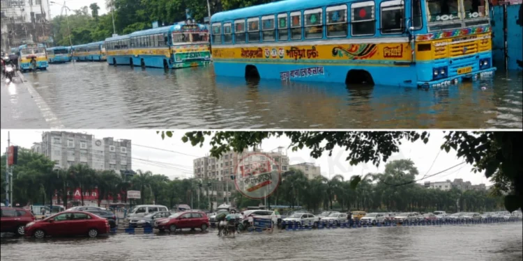 Haldiram More Waterlogging after heavy rainfall showing knee-deep water on the EM Bypass, causing severe traffic congestion and difficulties for commuters and vehicles.