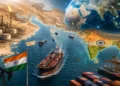 Map-style illustration showing the Hormuz Strait India Trade route, oil tankers, Chabahar Port, and major maritime shipping lanes highlighting India's energy security and trade challenges amid Middle East tensions.