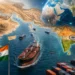 Map-style illustration showing the Hormuz Strait India Trade route, oil tankers, Chabahar Port, and major maritime shipping lanes highlighting India's energy security and trade challenges amid Middle East tensions.