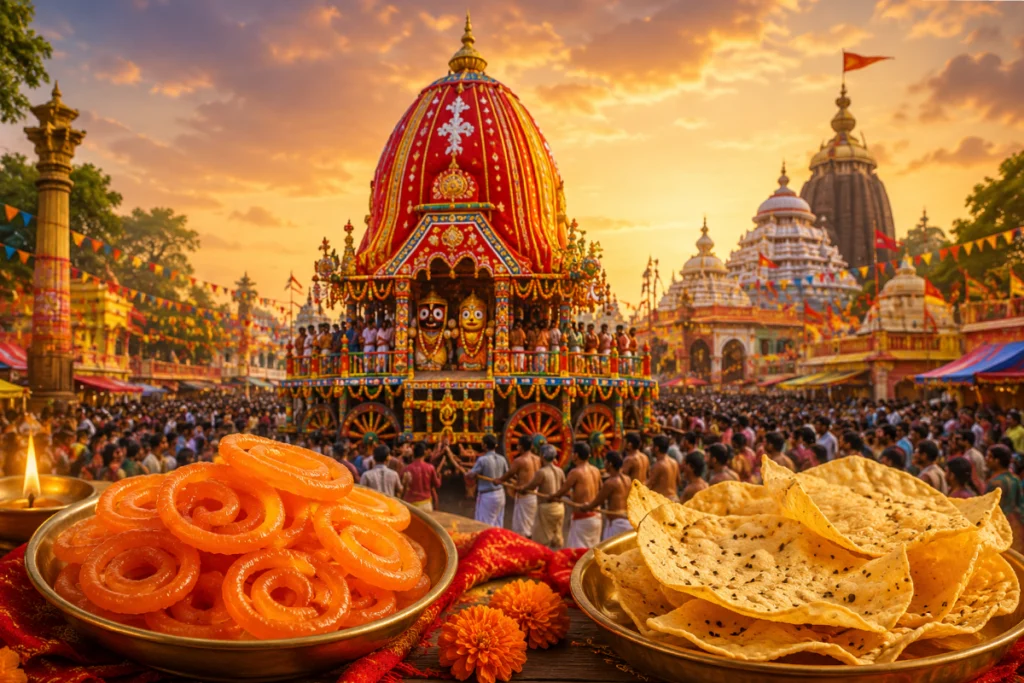 Freshly fried papad being served at a traditional Rath Mela Papad History stall during Rath Yatra, reflecting Bengal's long-standing fair food tradition.