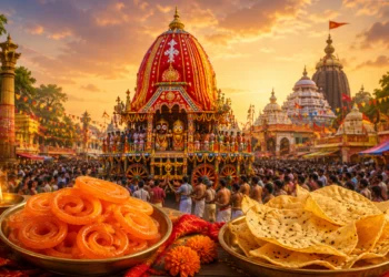 Freshly fried papad being served at a traditional Rath Mela Papad History stall during Rath Yatra, reflecting Bengal's long-standing fair food tradition.