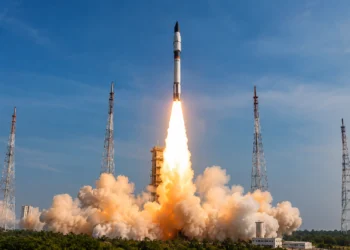 Skyroot Vikram-1 Mission rocket lifting off from Sriharikota launch pad during India's first successful privately developed orbital rocket mission, marking a historic milestone for the country's private space industry.