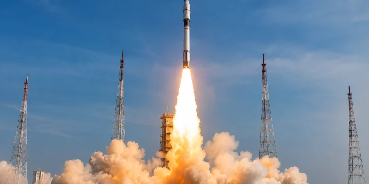 Skyroot Vikram-1 Mission rocket lifting off from Sriharikota launch pad during India's first successful privately developed orbital rocket mission, marking a historic milestone for the country's private space industry.