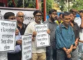 Kolkata Journalists Protest – Journalists gather outside Press Club Kolkata to protest attacks on media personnel, as Press Club President Snehasish Sur expresses solidarity and demands protection for press freedom.