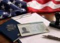 US immigration document and passport representing the Trump Green Card Bond proposal that may require certain green card applicants to deposit a $100,000 refundable bond.