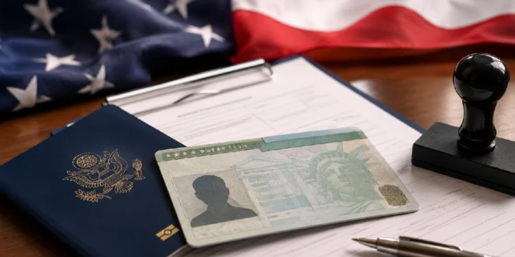US immigration document and passport representing the Trump Green Card Bond proposal that may require certain green card applicants to deposit a $100,000 refundable bond.