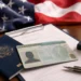 US immigration document and passport representing the Trump Green Card Bond proposal that may require certain green card applicants to deposit a $100,000 refundable bond.