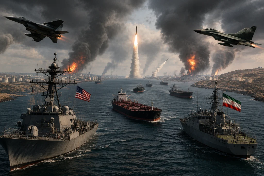 Iran US Conflict intensifies as military strikes escalate around the Strait of Hormuz, raising tensions across the Gulf region and disrupting global energy security.