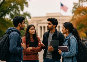 US OPT Fee for International Students: Indian students discussing study plans while standing on a university campus in the United States after reports of a proposed $100,000 OPT work authorization fee.