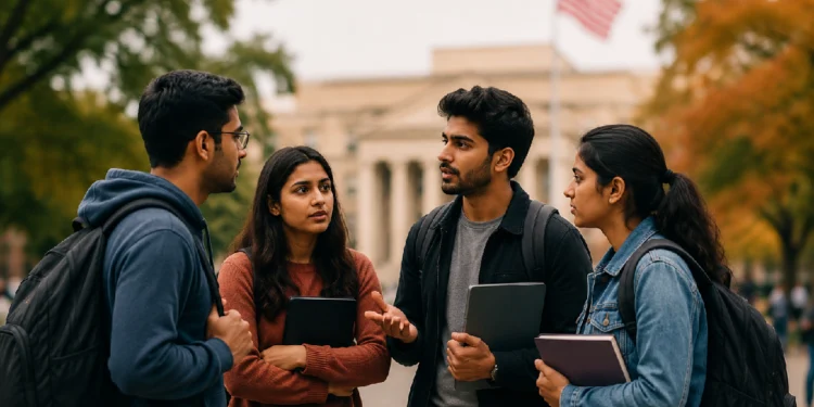 US OPT Fee for International Students: Indian students discussing study plans while standing on a university campus in the United States after reports of a proposed $100,000 OPT work authorization fee.