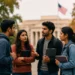 US OPT Fee for International Students: Indian students discussing study plans while standing on a university campus in the United States after reports of a proposed $100,000 OPT work authorization fee.