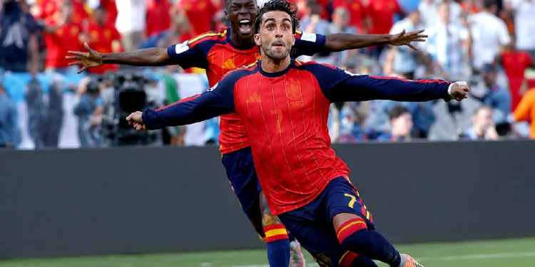 Ferran Torres World Cup Winning Goal as Ferran Torres celebrates after scoring the decisive goal for Spain against Argentina in the 2026 FIFA World Cup Final.