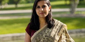 Bangladesh Press Accreditation Committee journalist Umme Marufa in a traditional saree posing outdoors