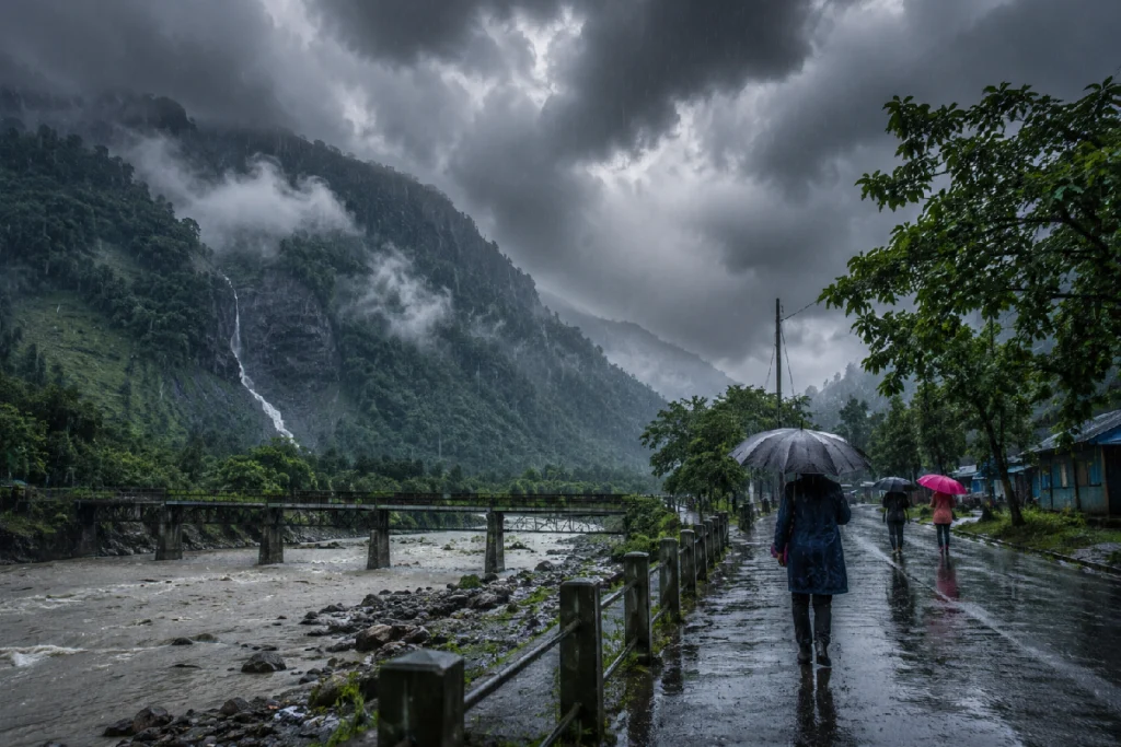 South Bengal Rain Forecast showing dark monsoon clouds, heavy rainfall over North Bengal hills and Dooars, with people using umbrellas amid continuous rain and strong winds.