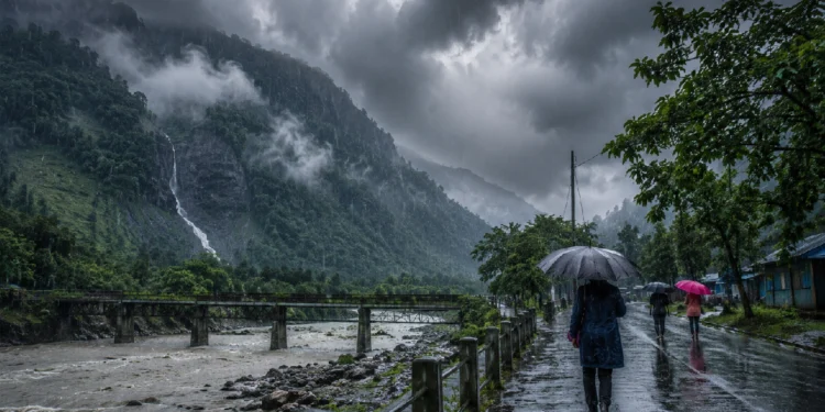 South Bengal Rain Forecast showing dark monsoon clouds, heavy rainfall over North Bengal hills and Dooars, with people using umbrellas amid continuous rain and strong winds.