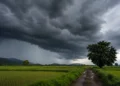 August Weather Update India showing dark monsoon clouds over agricultural fields with rainfall forecast graphics highlighting below-normal August rainfall due to El Niño conditions.