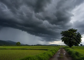 August Weather Update India showing dark monsoon clouds over agricultural fields with rainfall forecast graphics highlighting below-normal August rainfall due to El Niño conditions.