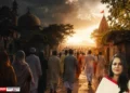 Bangladesh Minority Community families walking together from darkness toward a hopeful sunrise in a rural village