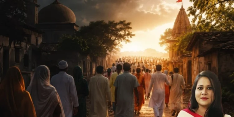 Bangladesh Minority Community families walking together from darkness toward a hopeful sunrise in a rural village