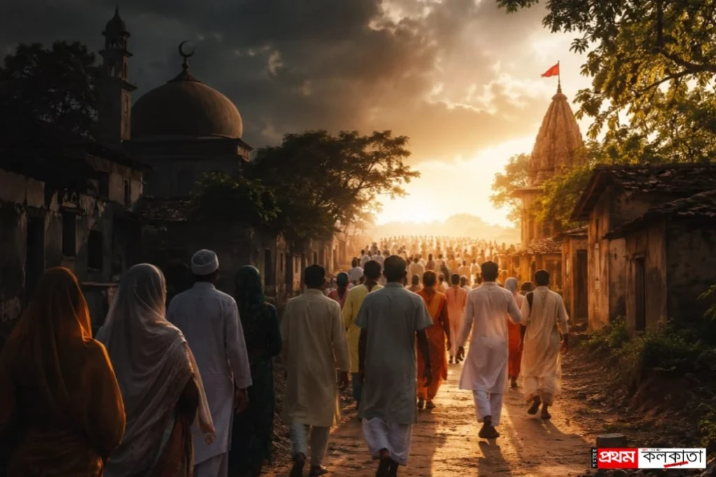 Bangladesh Minority Community families walking together from darkness toward a hopeful sunrise in a rural village