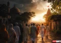 Bangladesh Minority Community families walking together from darkness toward a hopeful sunrise in a rural village